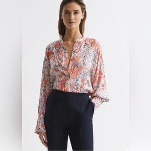 Reiss Coral Hallie Meadow Print Split Cuff Blouse Size 8